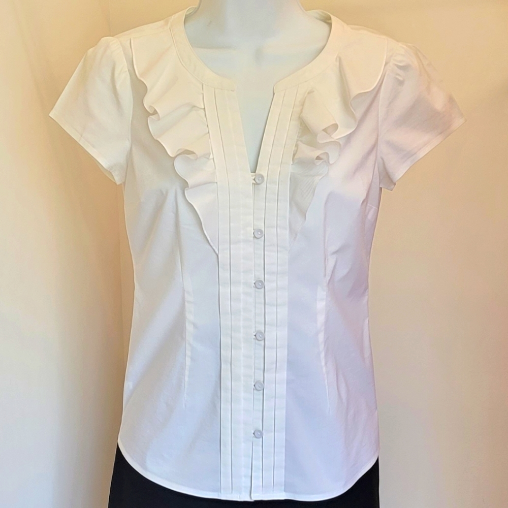 LOFT White Ruffled Short Sleeve Blouse Sz: XXSP